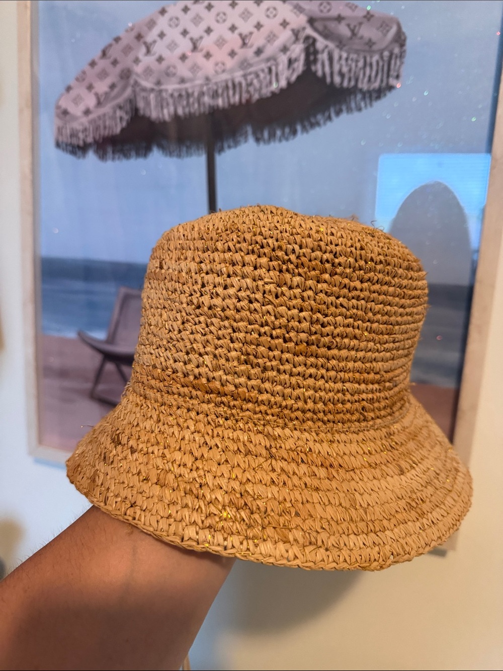Natural Tan Crochet Straw Bucket Hat - Women